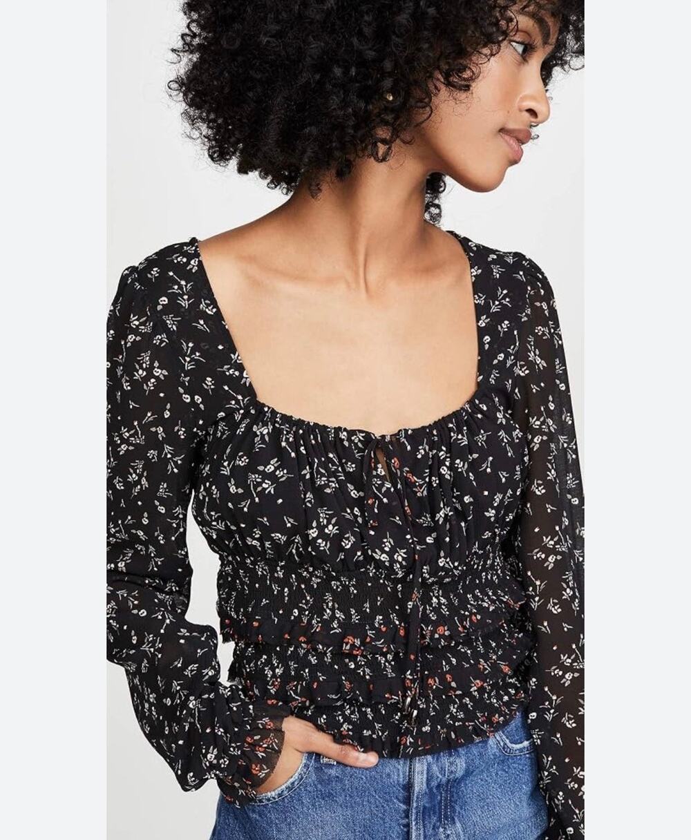Free People Lolita Floral Smocked Top Black Combo Medium